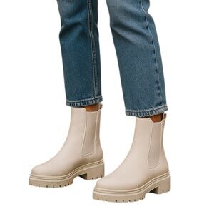 Sam Edelman Wellington Ivory Leather Lug-Sole Chelsea Boots 8.5W Water-Repellent